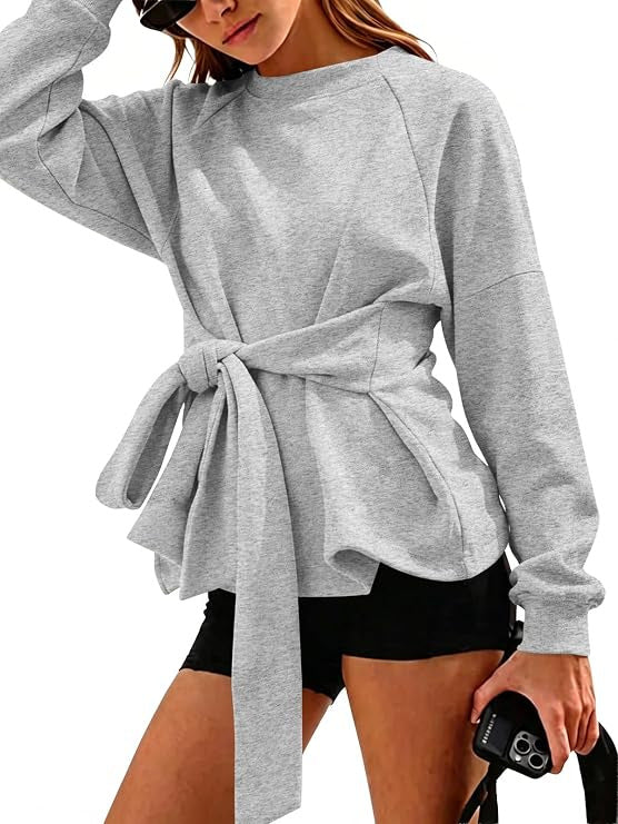 Damen Oversize-Sweatshirt mit Wickelgürtel, Schößchen und Raglanärmeln Drune
