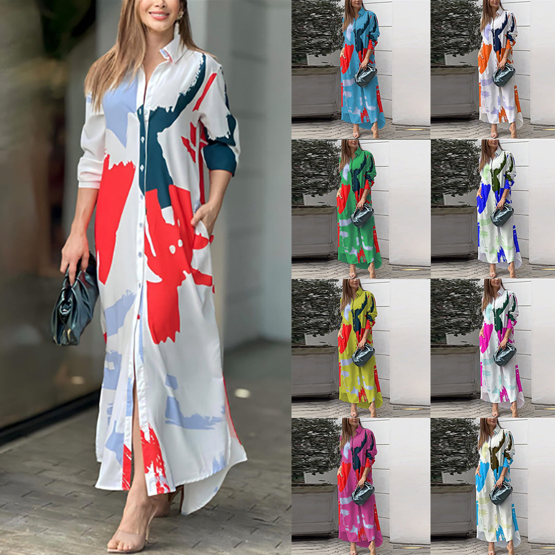 Damen Langes Hemdblusenkleid mit abstraktem Pinselprint und seitlichen Eingrifftaschen Drune