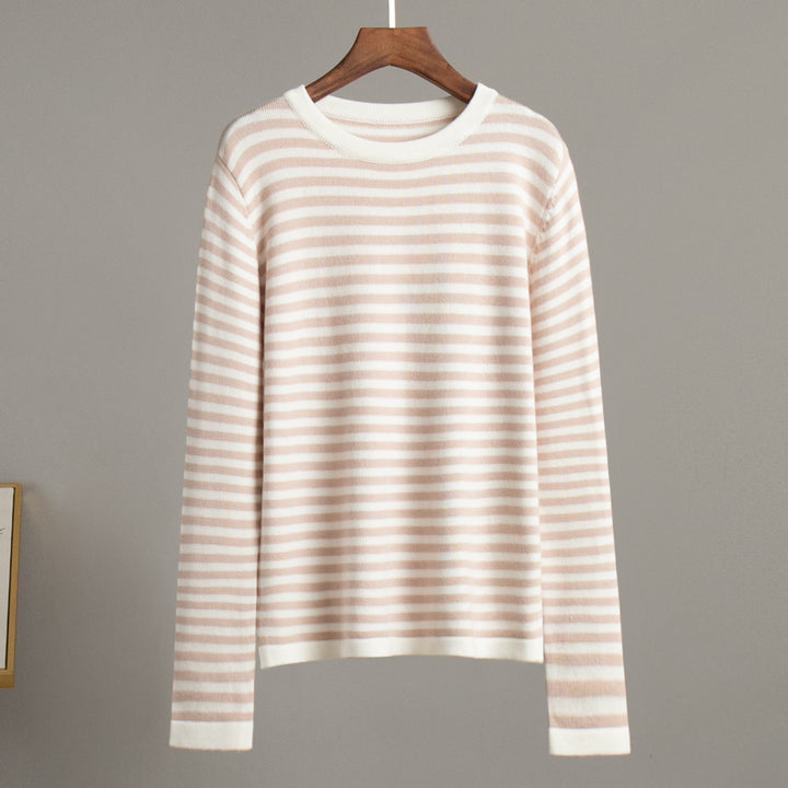 Damen gestreifter Strickpullover mit Rundhalsausschnitt und langem Arm Drune