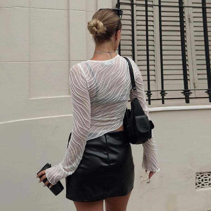 Damen Elegantes Langarm Transparenttop mit strukturiertem Design Drune