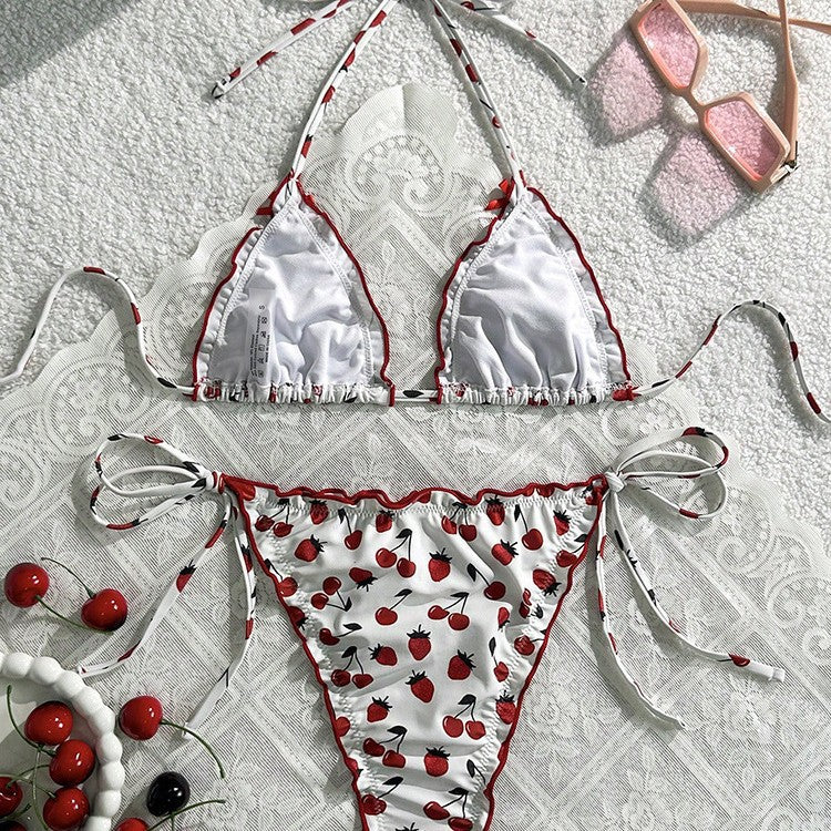 Damen Triangel-Bikini mit ausdrucksstarkem Kirschmotiv und verspielten Bindebändern Drune