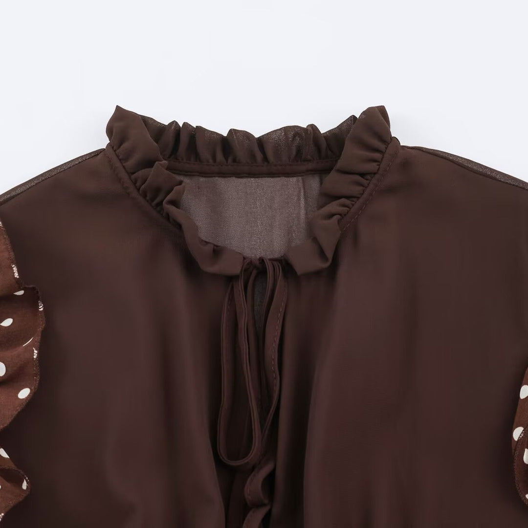 Damen verspieltes Midi-Tiered-Kleid mit Rüschenkragen, Bindeband und Volantstufen Drune