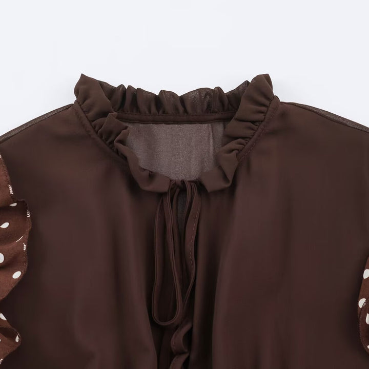Damen verspieltes Midi-Tiered-Kleid mit Rüschenkragen, Bindeband und Volantstufen Drune
