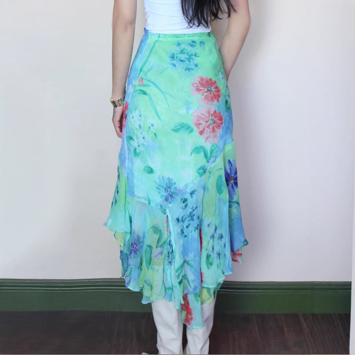 Damen asymmetrischer Rüschenrock aus floralem Chiffon Drune