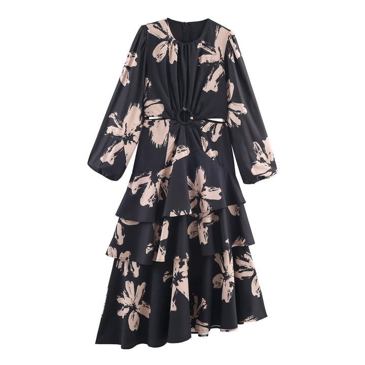 Damen nan Midikleid mit floraler Allovermusterung, Taillen-Cut-Out und mehrlagigen Volants Drune