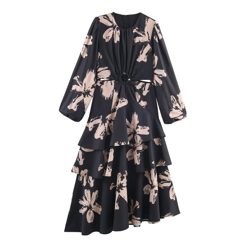 Damen nan Midikleid mit floraler Allovermusterung, Taillen-Cut-Out und mehrlagigen Volants Drune