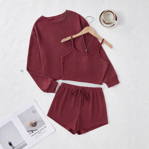 Damen Dreiteiliges Waffelstrick‑Lounge‑Set mit Cropped‑Pullover, Spaghettiträger‑Top und hochtaillierten Shorts Drune