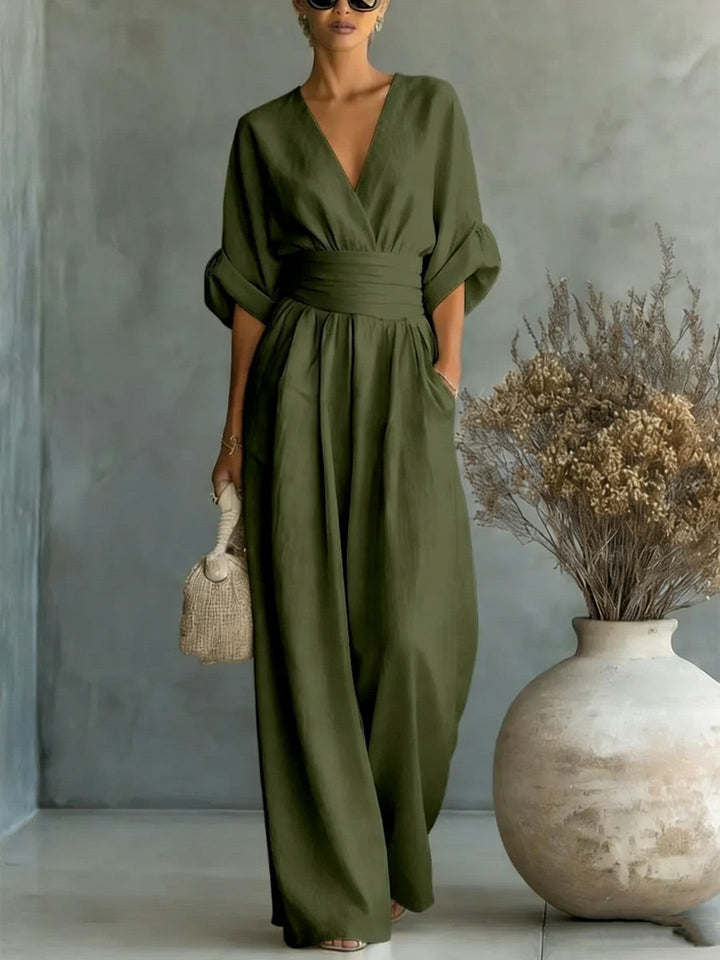 Drune | Eleganter Ärmelloser Jumpsuit mit Tiefem V-Ausschnitt, Taillenbund und Weitem Bein
