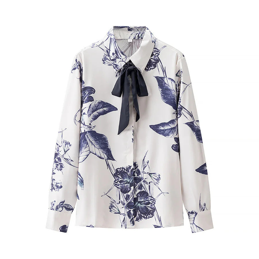 Damen nan satiniertes Hemd mit Schleifenkragen und floralem Print Drune