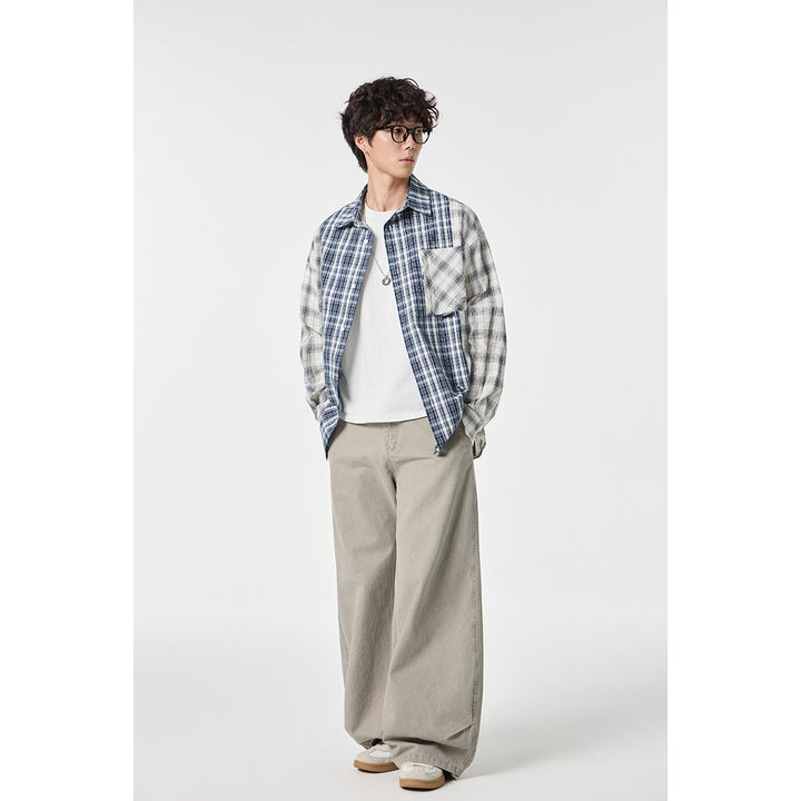 Unisex Kariertes Overshirt im Patchwork-Look mit Brusttasche Drune