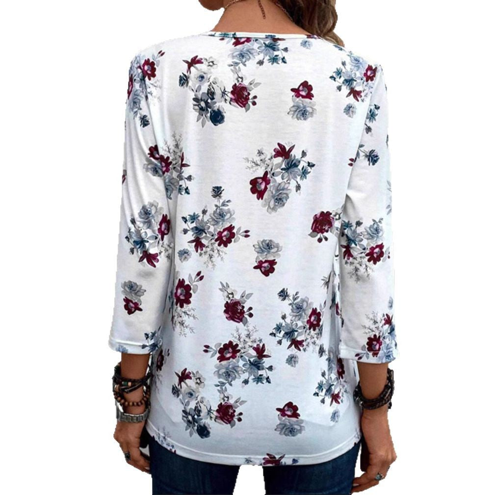 Damen nan florale Tunika-Bluse mit Kellerfalten und Zierknopfleiste Drune