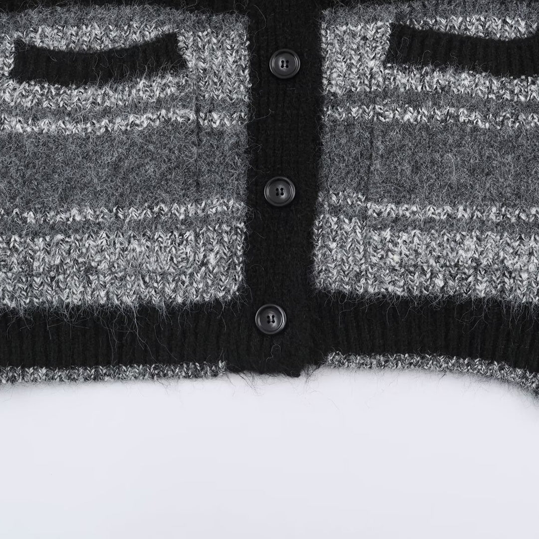 Damen Oversize Strickcardigan mit V-Ausschnitt, Streifenmuster und aufgesetzten Taschen Drune