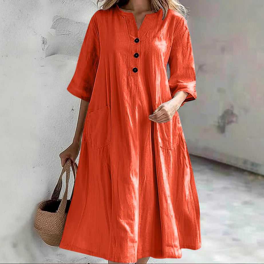 Damen lässiges Baumwollkleid mit Knopfleiste und praktischen Taschen Drune