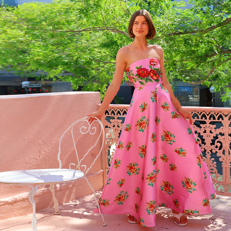 Damen Ballkleid mit floralem Oberteil und schwingendem Rock Drune