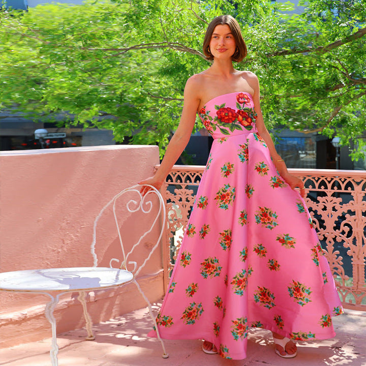 Damen Ballkleid mit floralem Oberteil und schwingendem Rock Drune
