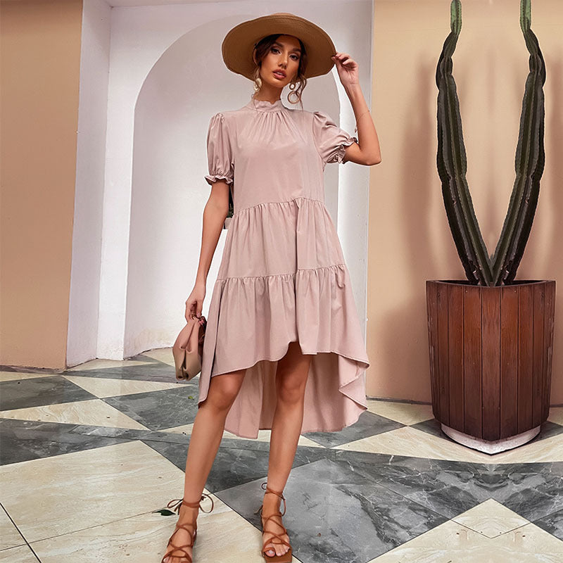 Damen lässiges Sommerkleid mit voluminösen Puffärmeln und elegantem asymmetrischem Saum Drune