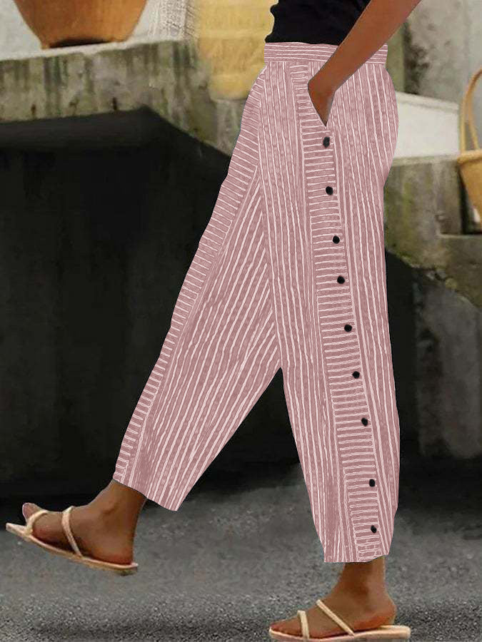 Damenweite Culotte-Hosen mit Paperbag-Taille, Knopfleiste und Seitentaschen Drune