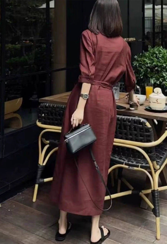 Damen Leichter Culotte-Jumpsuit mit Stehkragen, 3/4-Ärmeln und Taillengürtel Drune