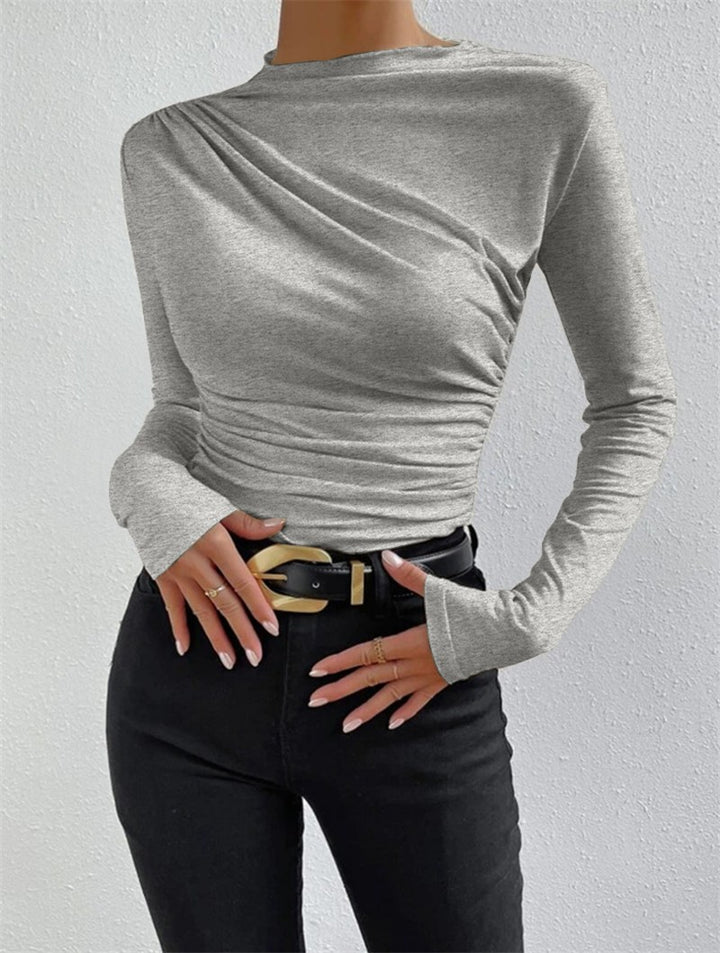 Damen nan figurbetontes Langarmshirt mit asymmetrischer Raffung am Vorderteil und U-Boot-Ausschnitt Drune