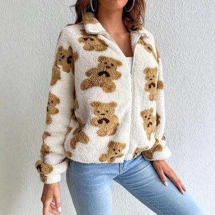 Damen Fleecejacke mit Bärenmuster und Stehkragen Drune
