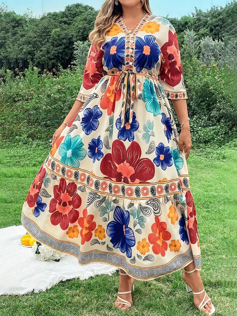 Damen Maxikleid mit buntem Blumendesign und Taillengürtel Drune