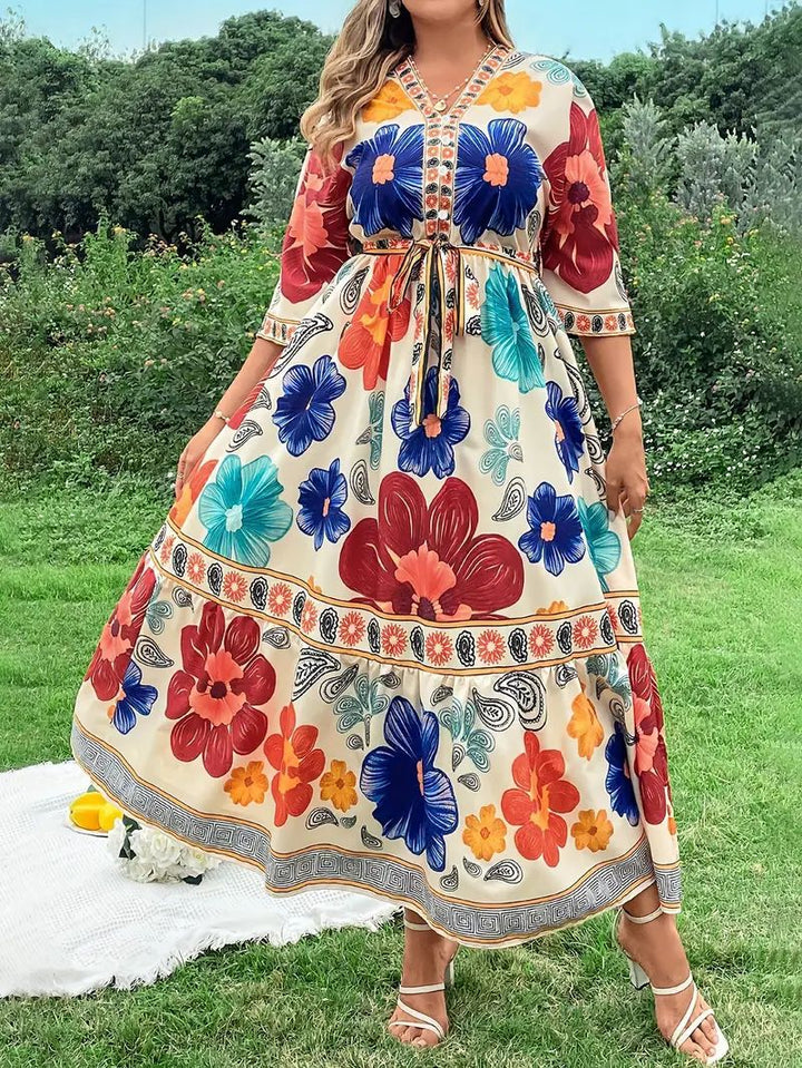 Damen Maxikleid mit buntem Blumendesign und Taillengürtel Drune