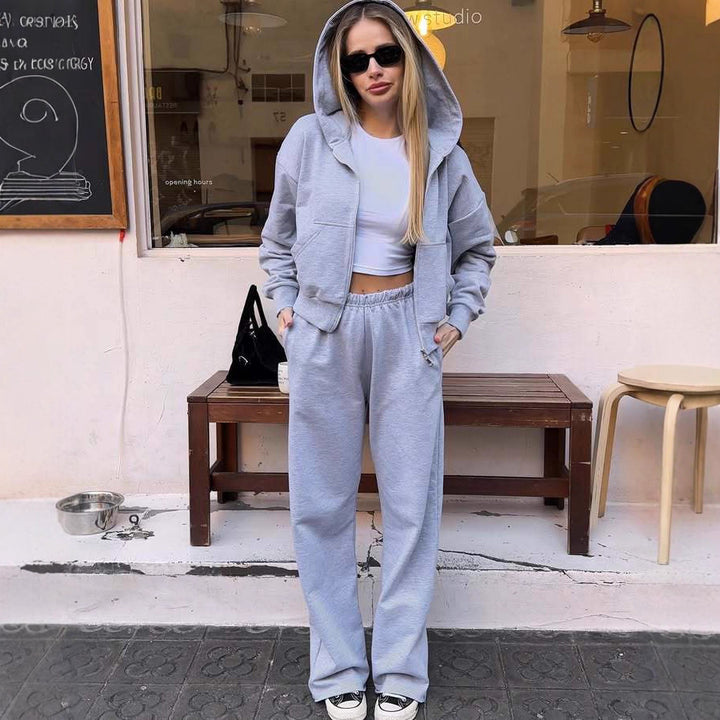 Damen Cropped Kapuzen-Sweatjacke mit Kängurutasche und tailliertem Rippbund Drune