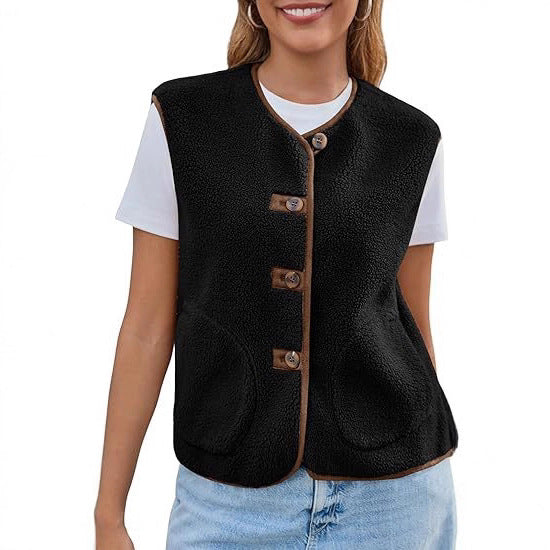 Damen Teddy-Fleece-Weste mit Rundhalsausschnitt und Knopfverschluss Drune
