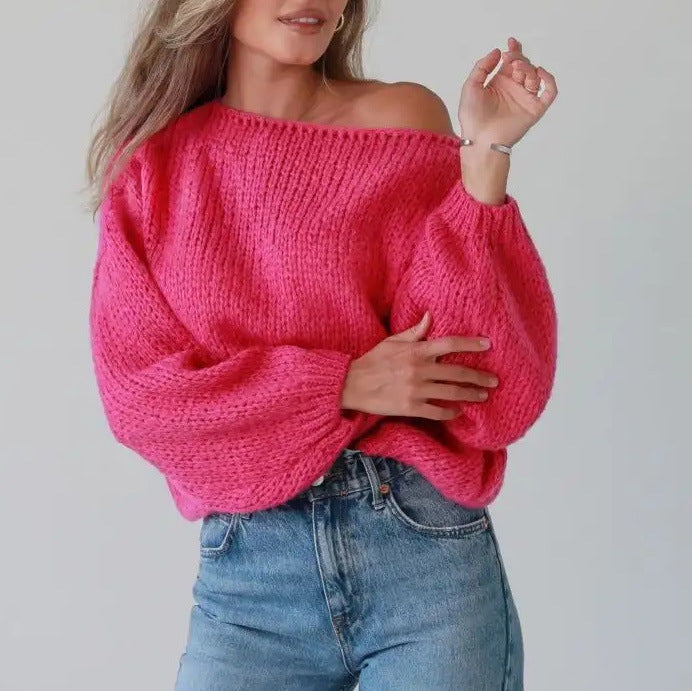 Damen lässiger Strickpullover mit voluminösen Ärmeln und offener Schulter Drune