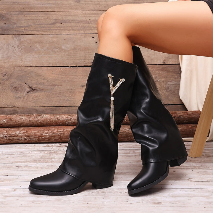 Damen Kniehohe Slouch‑Stiefel mit Strassbesatz und mittlerem Blockabsatz Drune
