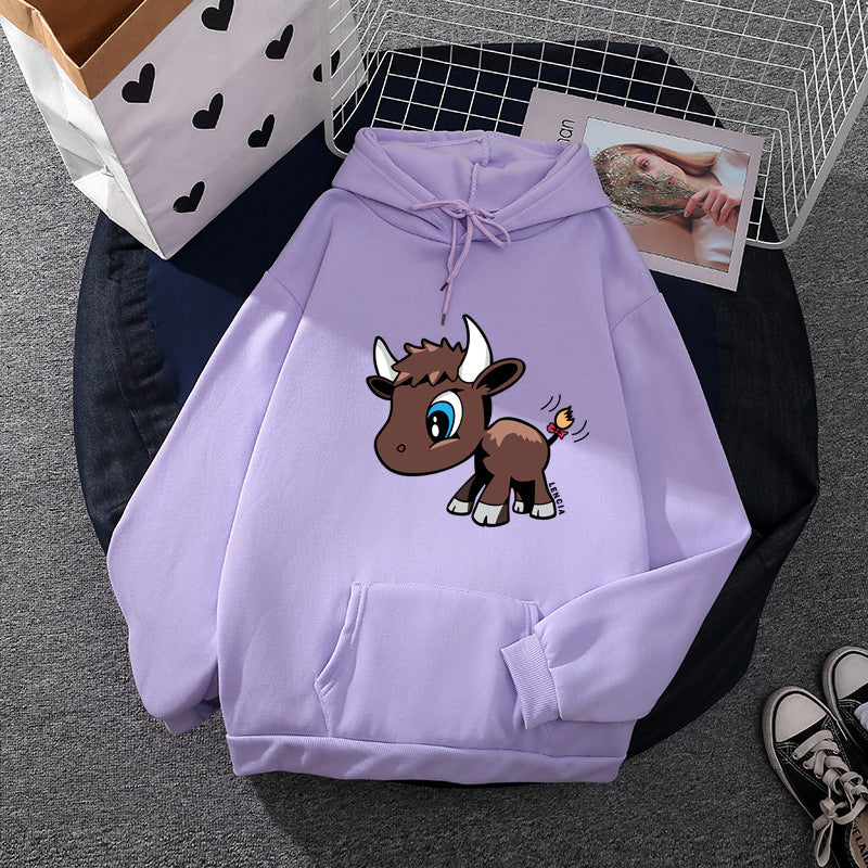 Damen nan Kapuzenpullover mit charmantem Stier-Karikaturprint, Kängurutasche und entspanntem Oversize-Schnitt Drune