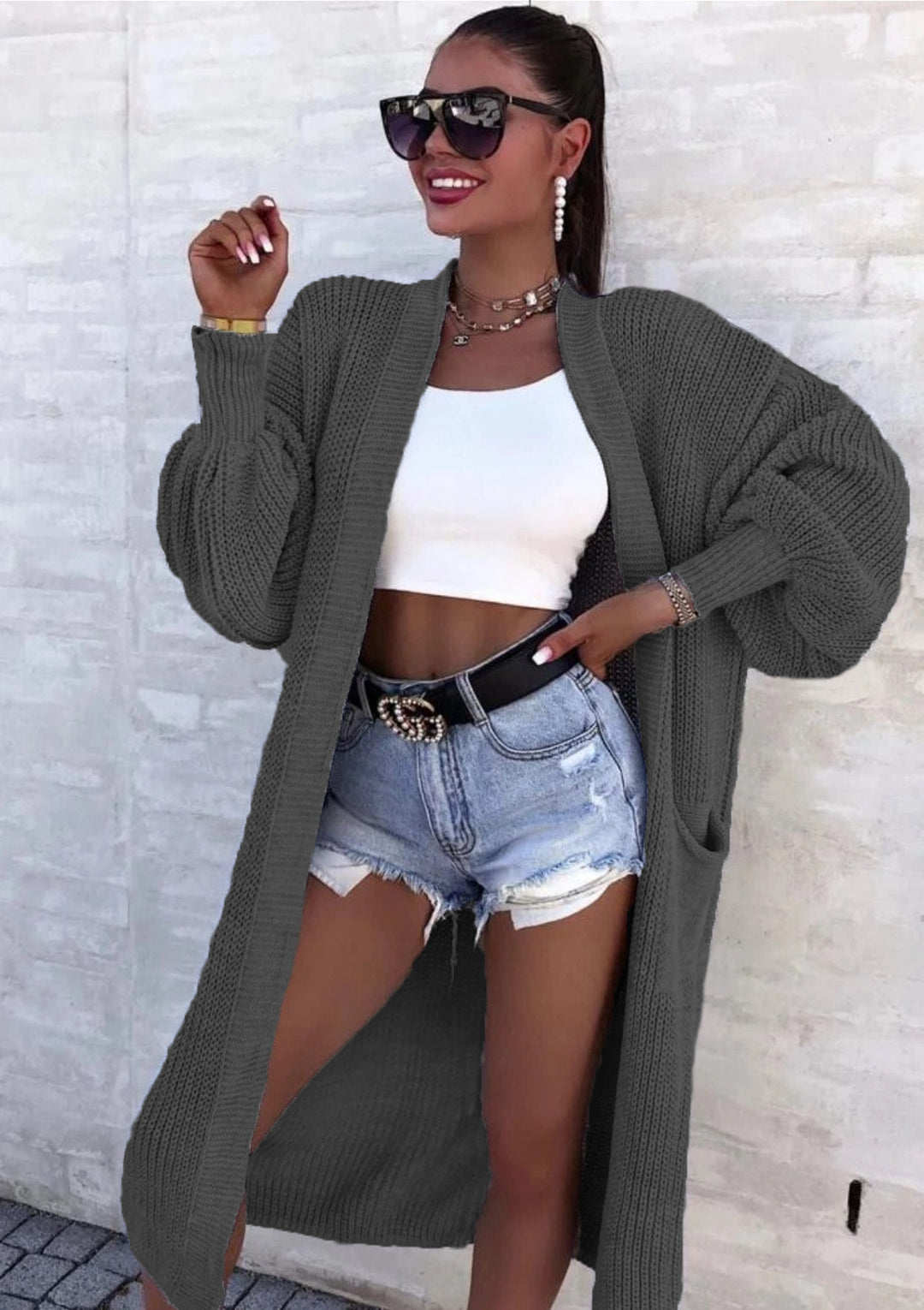 Damen Lange Strickjacke Drune