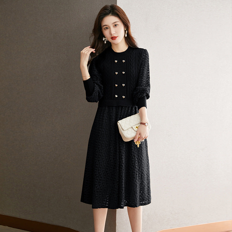 Damen Strickkleid mit tailliertem Oberteil und weit schwingendem Rock Drune