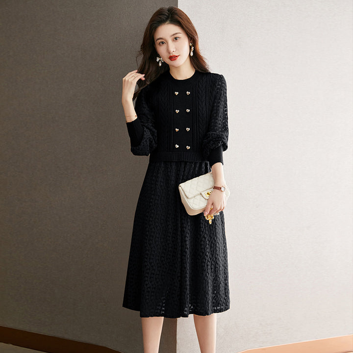 Damen Strickkleid mit tailliertem Oberteil und weit schwingendem Rock Drune