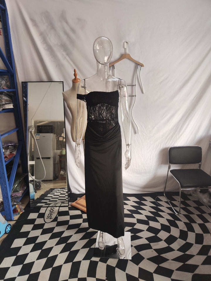 Damen Off-Shoulder Abendkleid mit raffinierten Spitzen-Applikationen und fließendem Material Drune