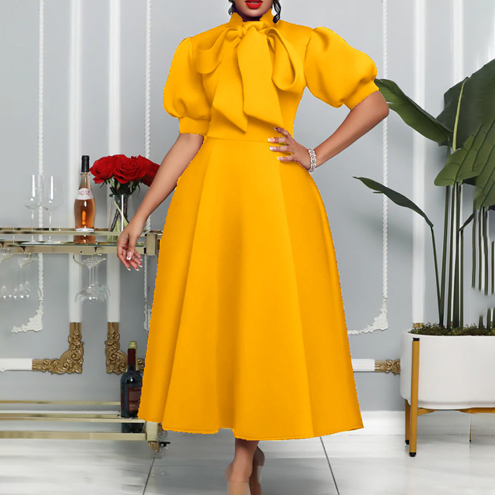 Damen Elegantes Midi-Kleid mit Puffärmeln und Bindegürtel Drune
