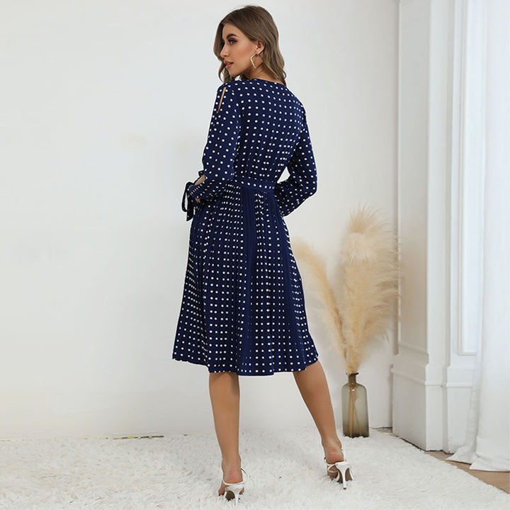 Damen Polka-Dot Wickelkleid mit V‑Ausschnitt, Bindegürtel und plissiertem Midirock Drune