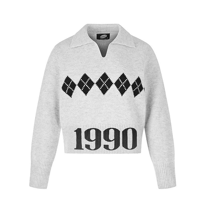 Damen Cropped Strickpullover mit Polokragen, Rippbund und Argyle‑Motiv Drune