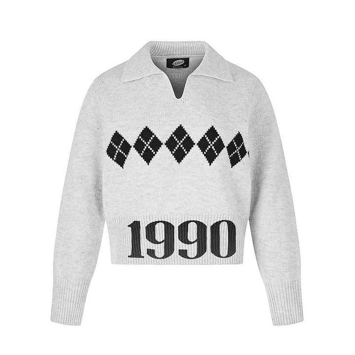 Damen Cropped Strickpullover mit Polokragen, Rippbund und Argyle‑Motiv Drune