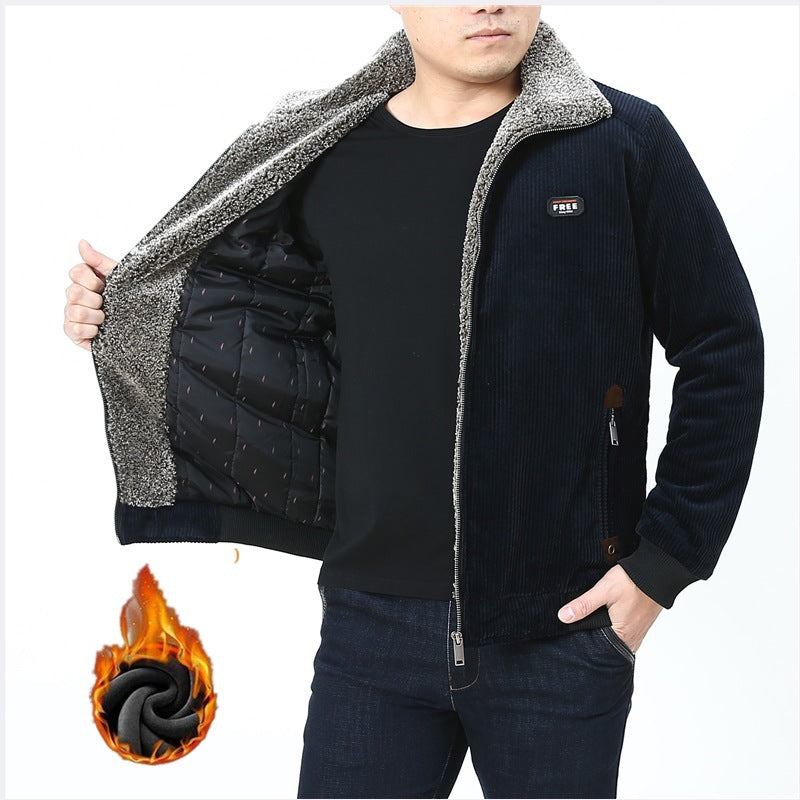 Herren Cordjacke mit wärmendem Sherpa-Futter, Stehkragen und Reißverschluss Drune