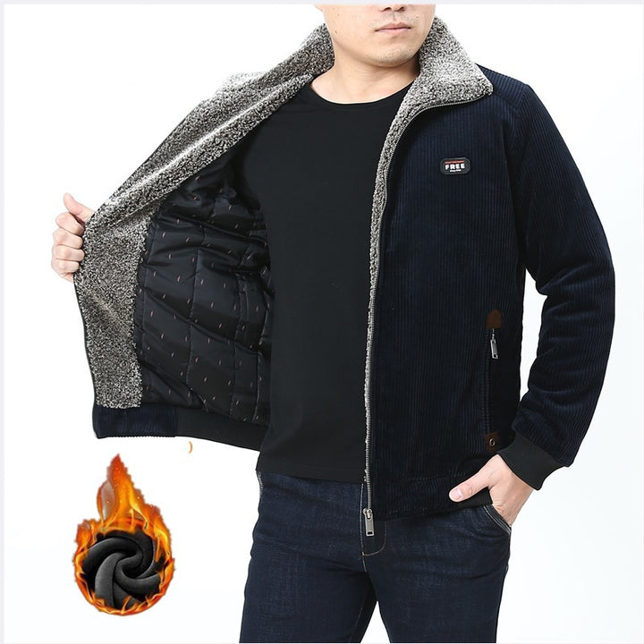 Herren Cordjacke mit wärmendem Sherpa-Futter, Stehkragen und Reißverschluss Drune