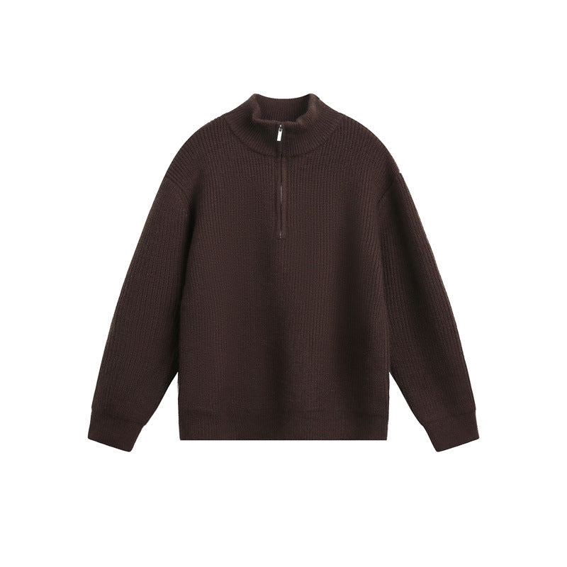 Unisex Grobstrick-Pullover mit halbem Reißverschluss und Stehkragen Drune