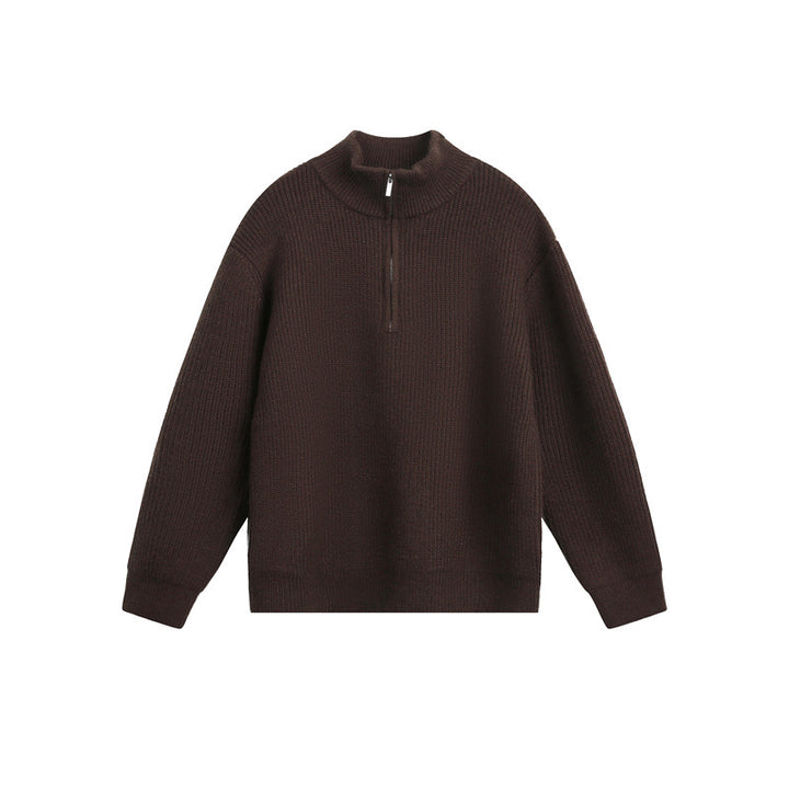 Unisex Grobstrick-Pullover mit halbem Reißverschluss und Stehkragen Drune