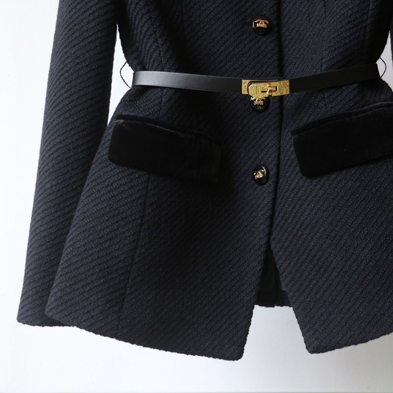 Damen Elegante Bouclé-Blazerjacke mit Samtbesatz und Taillengürtel Drune