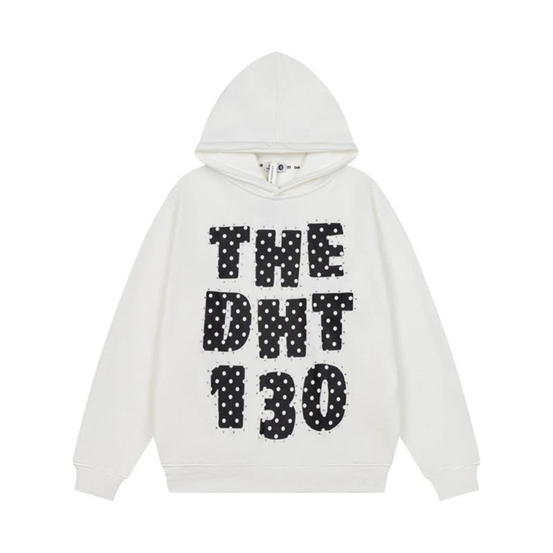 Unisex Oversize-Kapuzenpullover mit Statement-Print und Polka‑Dot-Applikation Drune