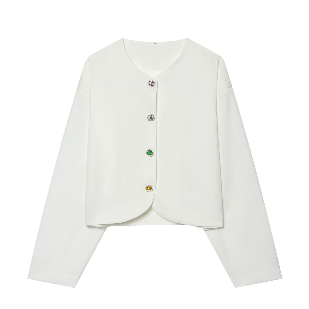 Damen Kurzblazer ohne Kragen mit Schmuckknöpfen und kurzem Cropped‑Schnitt Drune