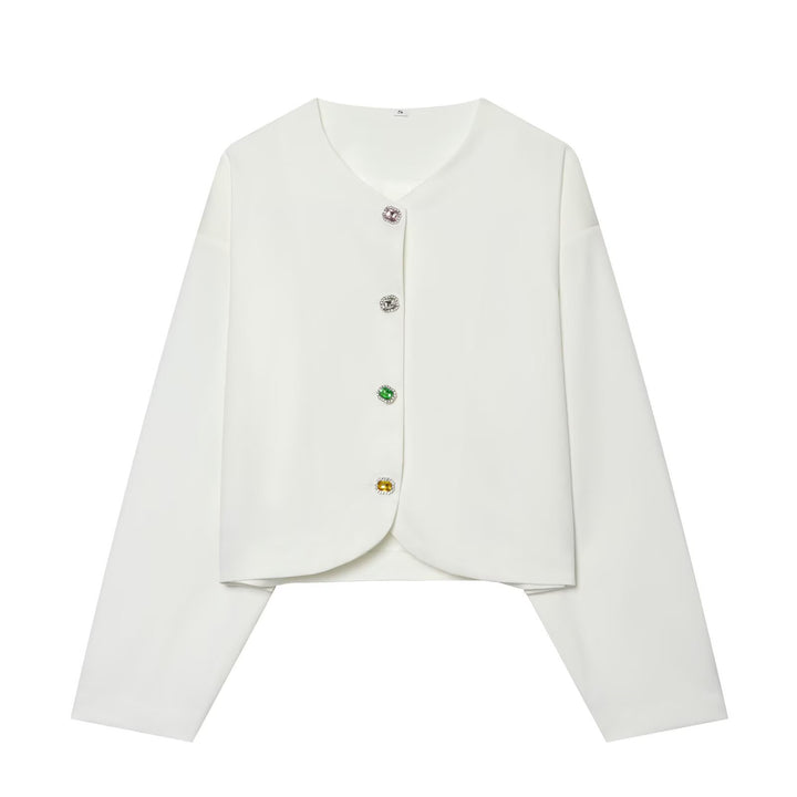 Damen Kurzblazer ohne Kragen mit Schmuckknöpfen und kurzem Cropped‑Schnitt Drune