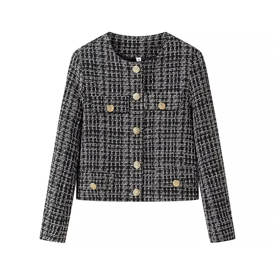 Damen nan kurz geschnittene Bouclé-Jacke im Boxy-Schnitt mit Goldknopf-Detail und Pattentaschen Drune