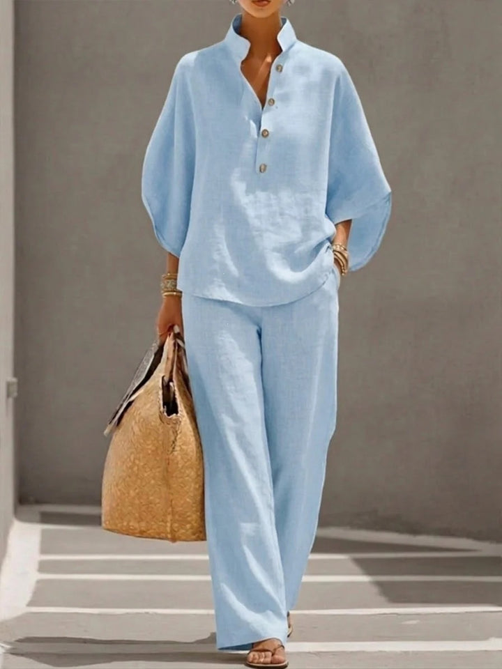 Damen Lockeres Leinenoptik-Zweiteiler mit Stehkragenbluse und weitem Palazzo-Hose Drune