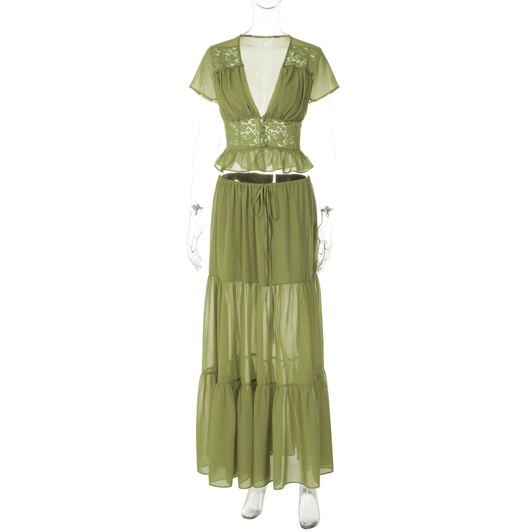 Damen Elegantes Maxikleid mit Spitzenoberteil und fließendem Saum Drune